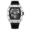 Luxury skeleton automatic watch with tonneau case, exposed gears, and black rubber strap