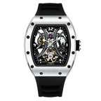 Luxury skeleton automatic watch with tonneau case, exposed gears, and black rubber strap