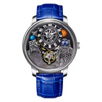 Luxury sport-inspired watch with astronaut and planetary dial, blue leather strap, automatic movement
