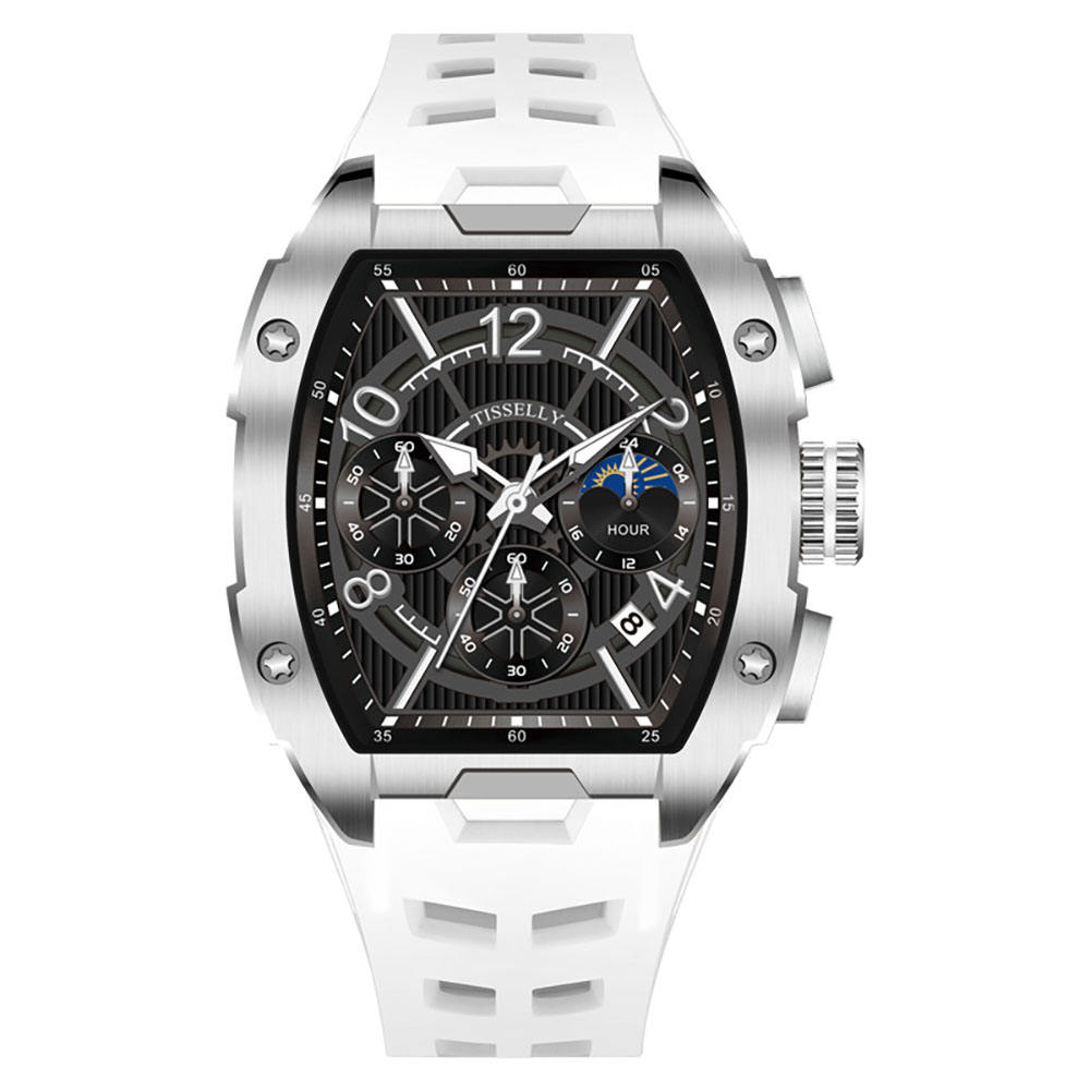 Luxury racing-inspired chronograph watch with silver case, black dial, and white sporty strap