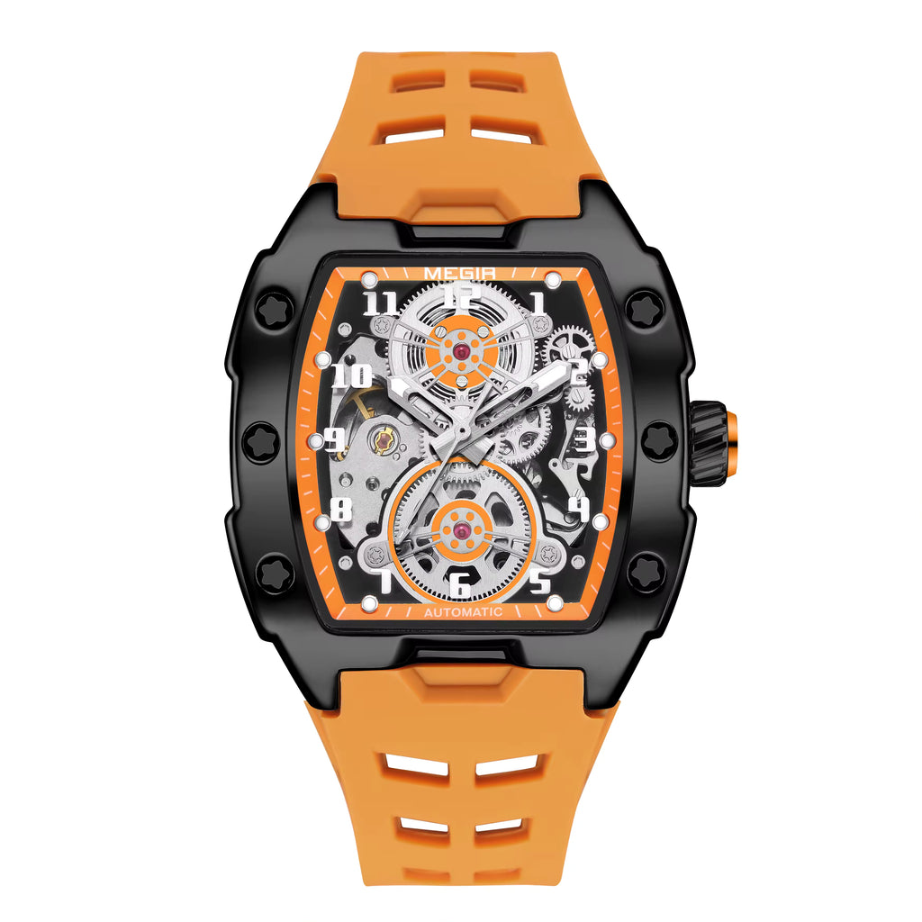 Motorsport-inspired luxury watch with skeleton dial, black case, orange accents, and orange strap