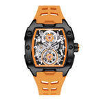 Motorsport-inspired luxury watch with skeleton dial, black case, orange accents, and orange strap