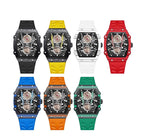 Motorsport-inspired tonneau watches with skeleton dials and colorful rubber straps in seven colors.