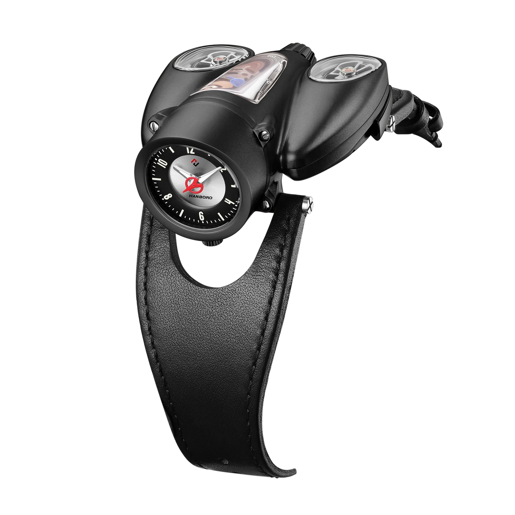 Motorsport-inspired luxury watch with unique multi-dial design and black leather strap