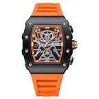 Motorsport-inspired luxury watch with orange rubber strap, skeleton dial, and bold racing details