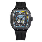 Motorsport-inspired luxury watch with skeleton dial, black case, and blue-yellow accents