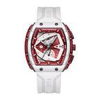 Racing-inspired luxury watch with a red dial, white strap, bold chronograph, and sporty design.