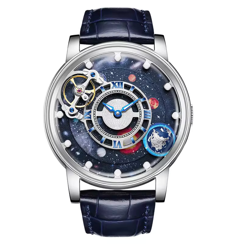 Luxury sport-inspired watch with celestial dial, exposed movement, and blue leather strap