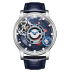 Luxury sport-inspired watch with celestial dial, exposed movement, and blue leather strap