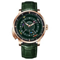Luxury racing-inspired watch with green dial, gold case, and colorful race car accents on face