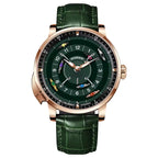 Luxury racing-inspired watch with green dial, gold case, and colorful race car accents on face