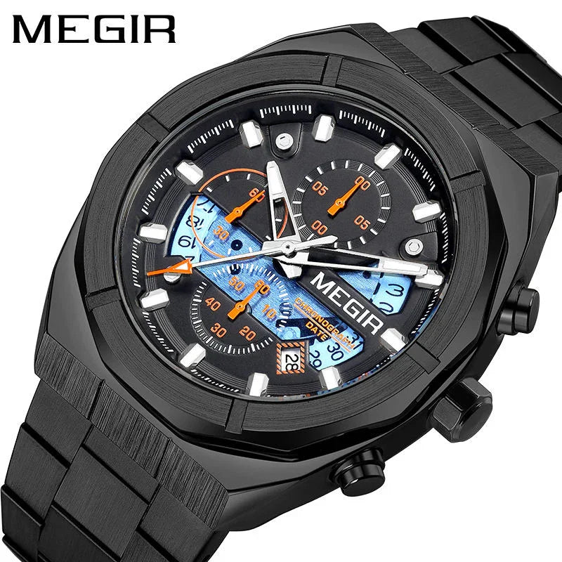 Black chronograph watch with angular case, blue accents, orange hands, and bold dial design