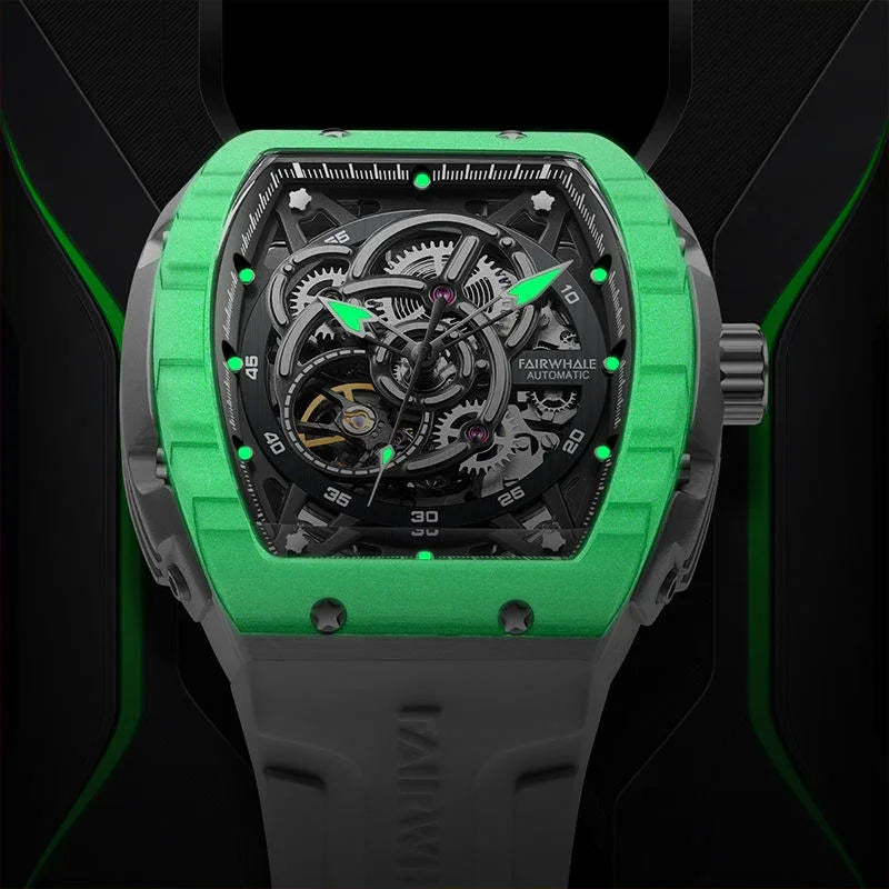 Luxury racing-inspired automatic watch with green bezel, skeleton dial, exposed gears, and bold modern design.