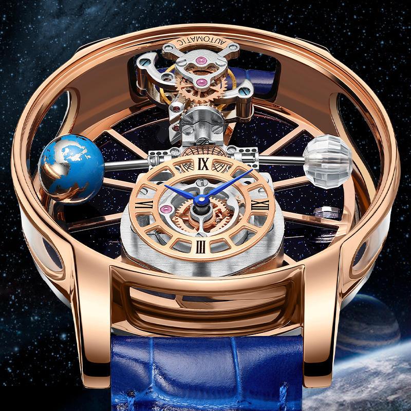 Luxury sport-inspired watch with open skeleton dial, rose gold case, blue accents, and space-themed design.