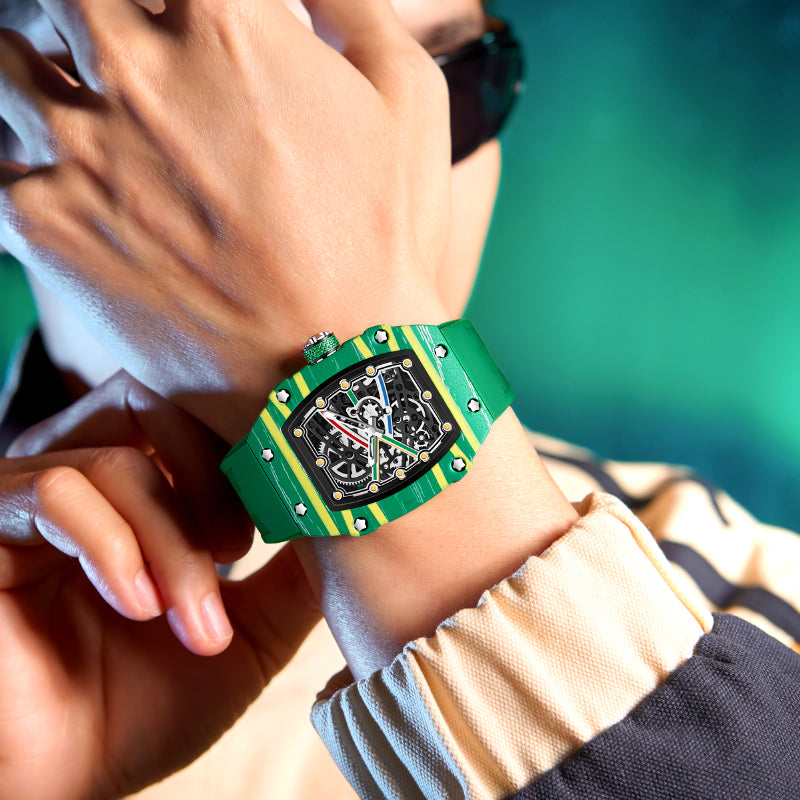 Green and yellow racing-inspired luxury watch with skeleton dial and bold design, perfect for everyday wear.