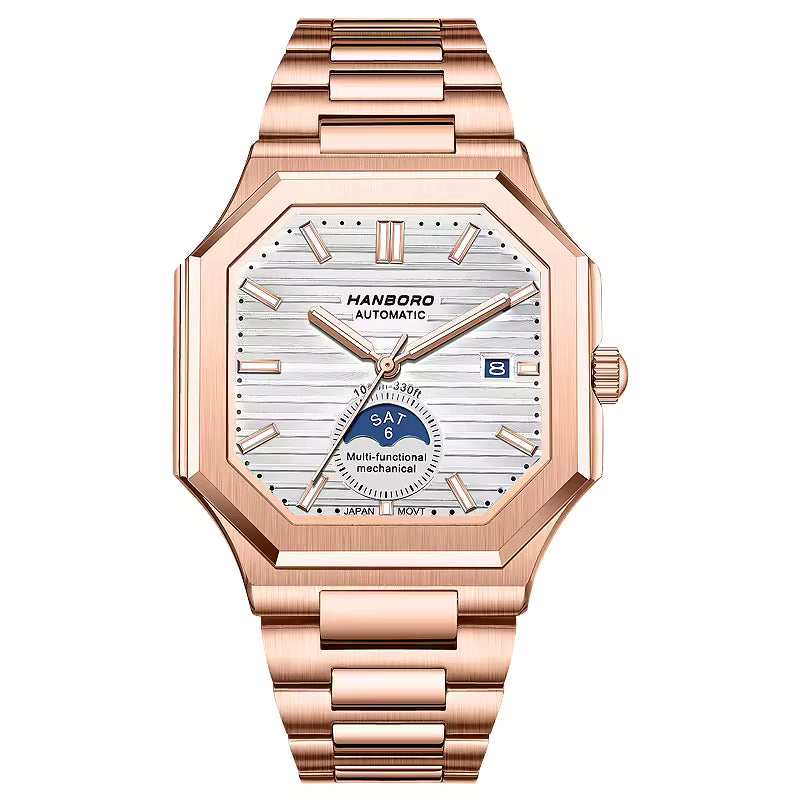 Rose gold octagonal automatic watch with day-date display, inspired by motorsport performance
