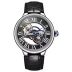 Luxury skeleton watch with black leather strap, Roman numerals, and exposed mechanical movement
