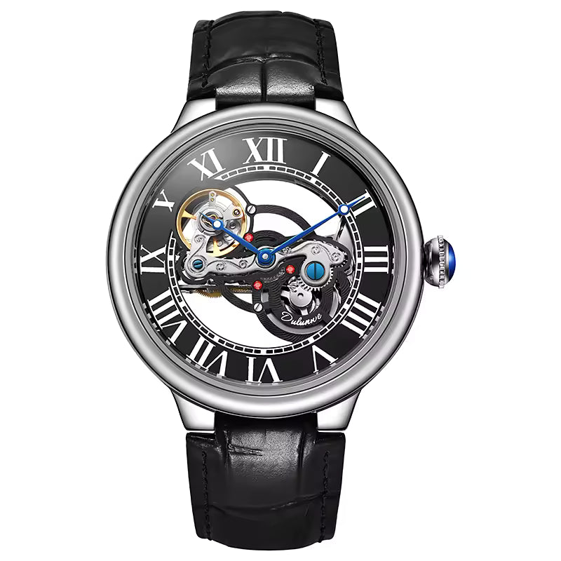 Luxury skeleton watch with black leather strap, Roman numerals, and exposed mechanical movement