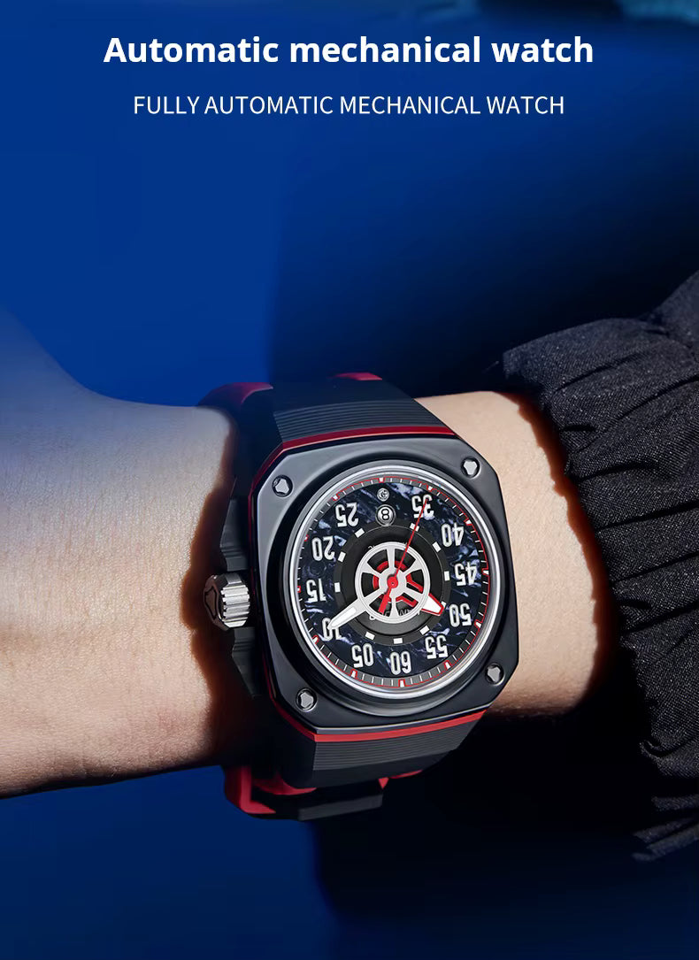 Motorsport-inspired automatic mechanical watch with bold black and red case on wrist
