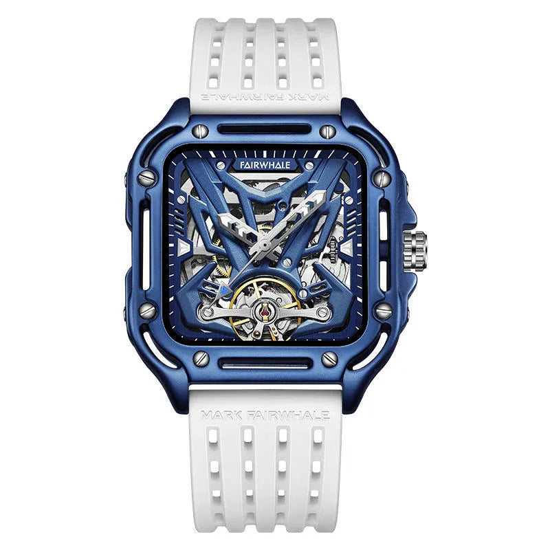 Motorsport-inspired luxury skeleton watch with square blue case and white perforated strap