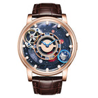 Luxury brown leather watch with galaxy dial, blue Roman numerals, and exposed mechanism