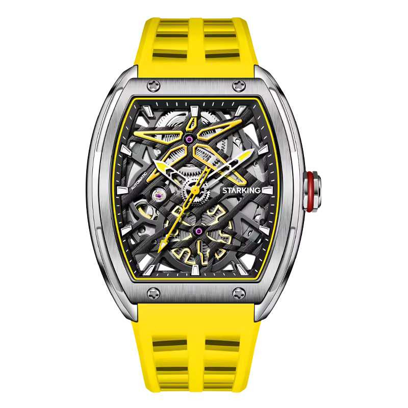Luxury skeleton watch with yellow strap, tonneau case, motorsport-inspired design, mechanical dial