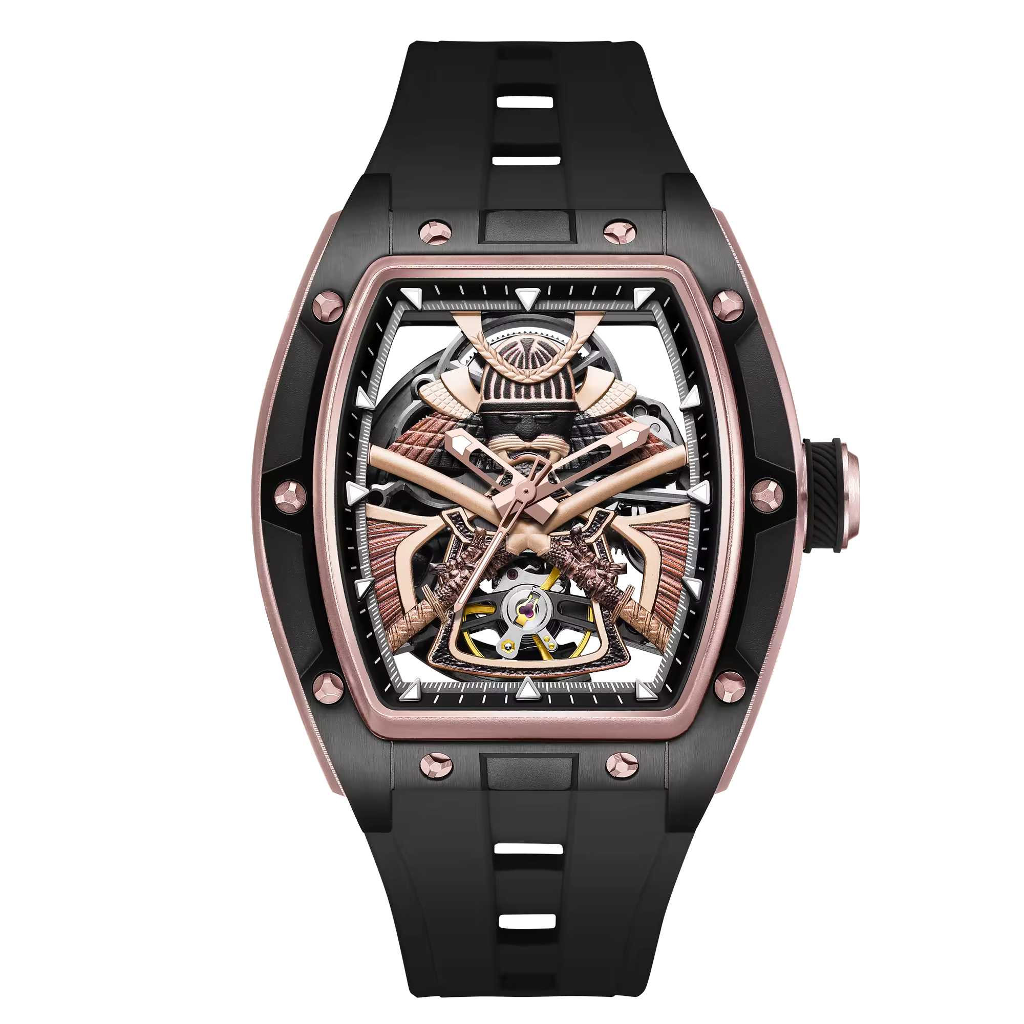 Luxury skeleton watch with tonneau case, rose gold accents, openwork dial, and black rubber strap