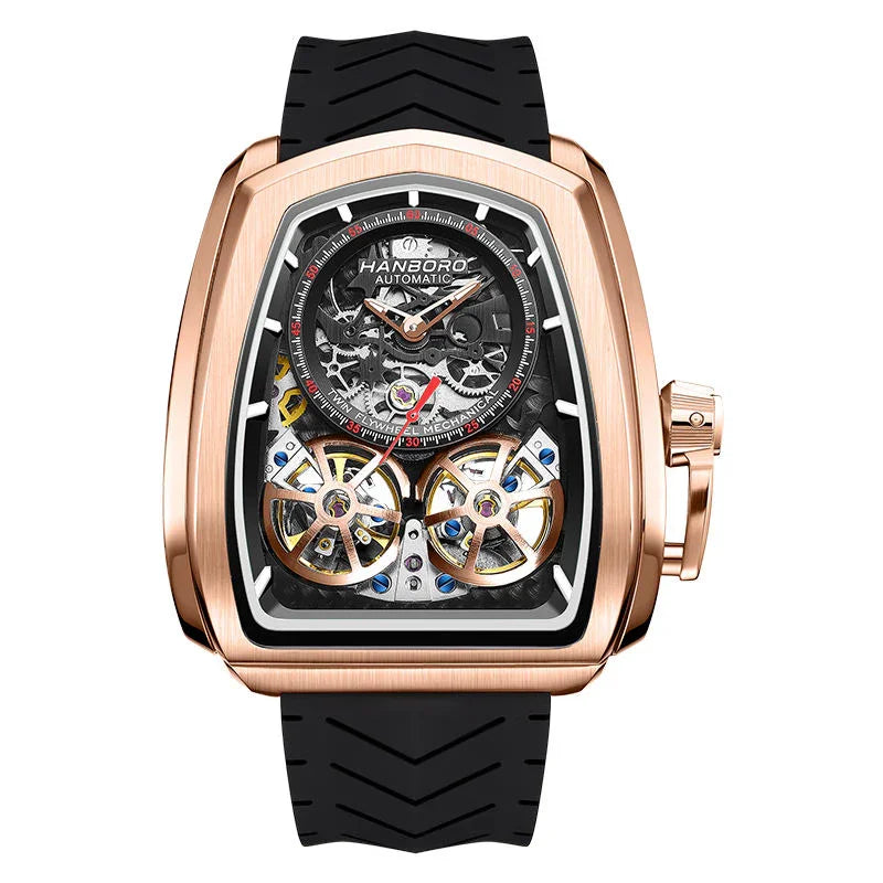 Luxury skeleton automatic watch with rose gold case, exposed gears, and black rubber strap