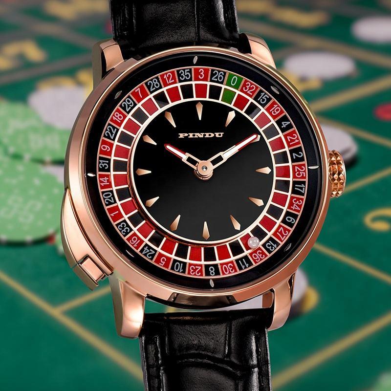 Luxury sport-inspired watch with roulette-themed dial, gold case, and black leather strap
