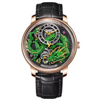 Luxurious tourbillon watch with green dragon motif, gold case, and black leather strap