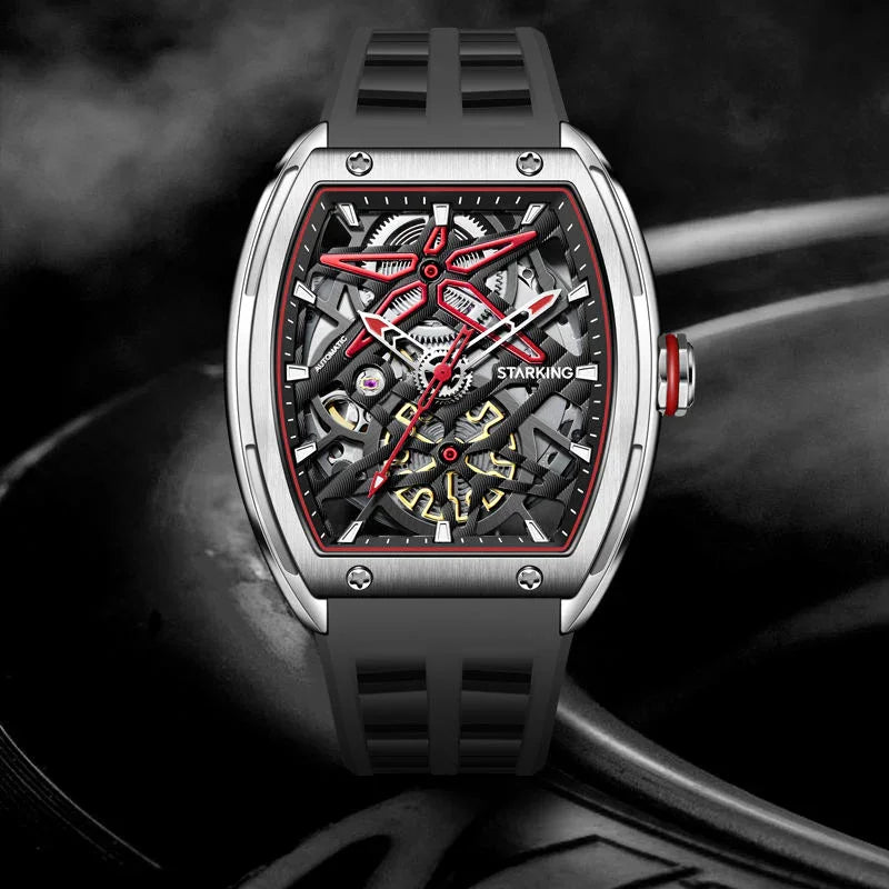 Luxury motorsport-inspired skeleton watch with tonneau case, red accents, and black strap