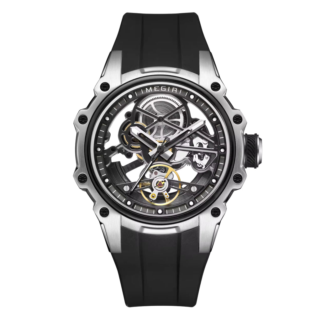 Skeleton dial luxury race-inspired watch with black rubber strap and mechanical movement.