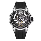 Skeleton dial luxury race-inspired watch with black rubber strap and mechanical movement.