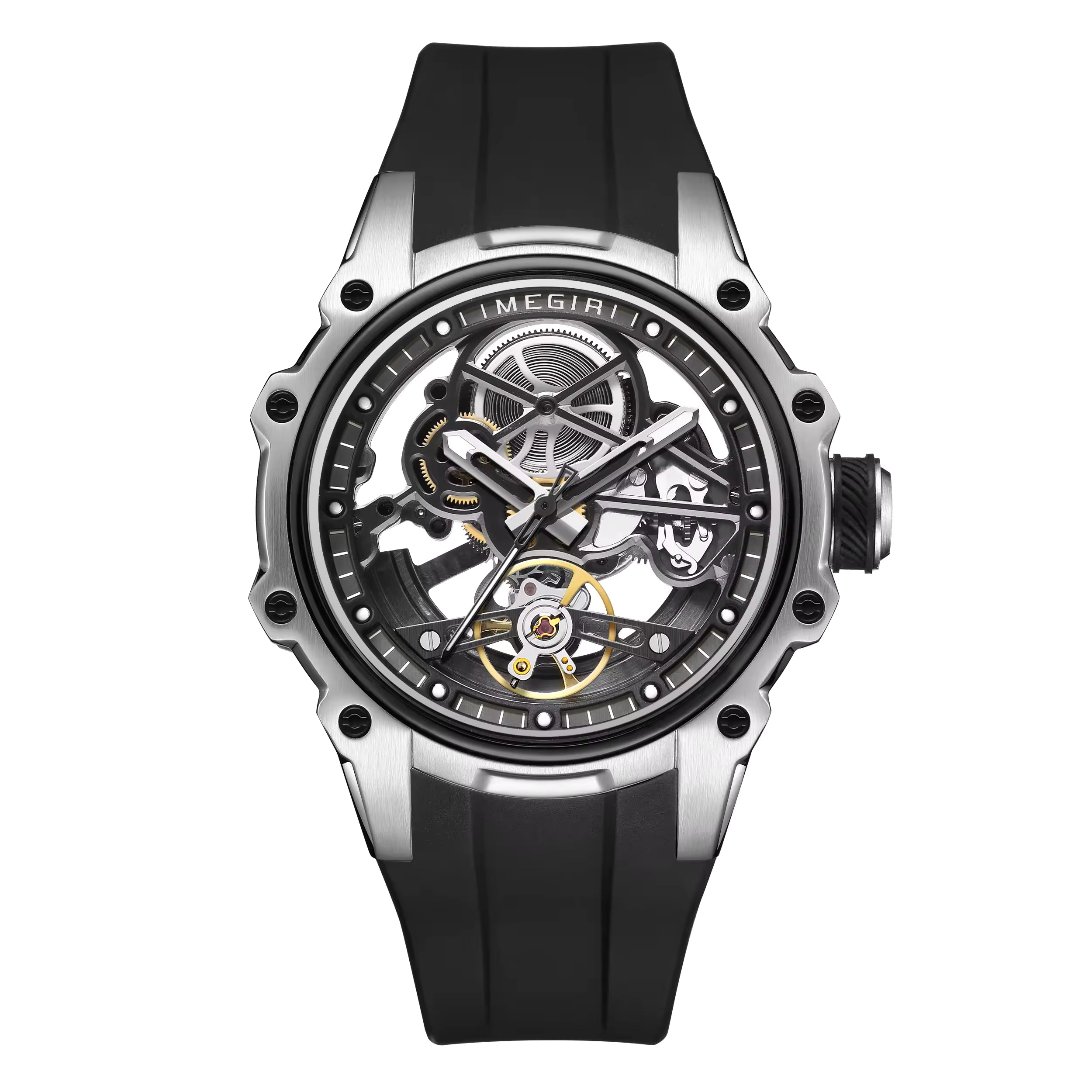 Skeleton dial luxury race-inspired watch with black rubber strap and mechanical movement.