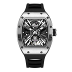 Skeleton dial racing-inspired luxury watch with brushed metal case and black rubber strap