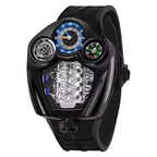 Motorsport-inspired black luxury watch with angular case, visible mechanics, and bold blue accents