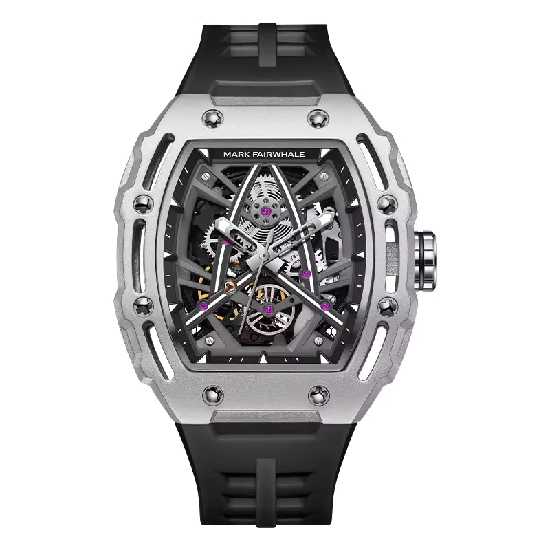 Motorsport-inspired skeleton luxury watch with tonneau case, visible gears, and black rubber strap