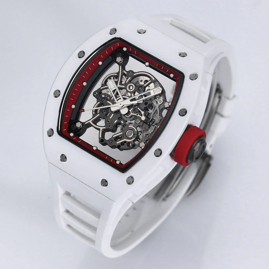 White racing-inspired skeleton watch with tonneau case, red crown, and exposed movement.