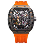 Motorsport-inspired skeleton dial luxury watch with orange rubber strap and tonneau case.