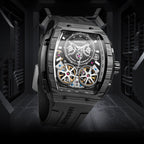 Luxury motorsport-inspired skeleton sport watch with black case, visible gears, and bold design