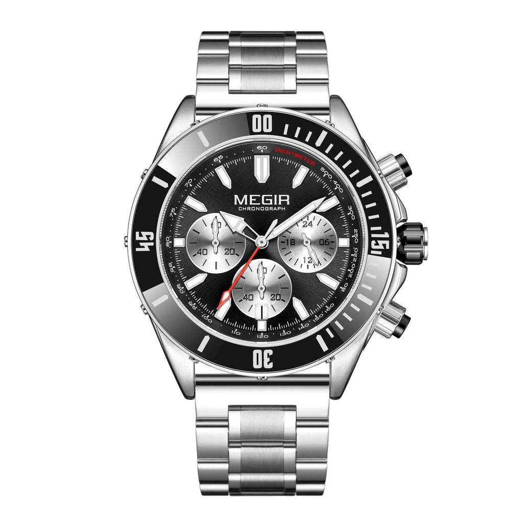 Silver stainless steel chronograph watch with black bezel, bold dial, and racing-inspired design