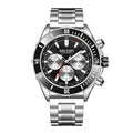 Silver stainless steel chronograph watch with black bezel, bold dial, and racing-inspired design