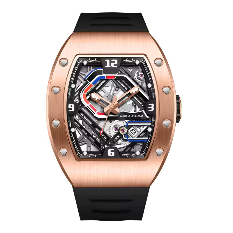 Luxury motorsport-inspired skeleton watch with rose gold case, bold dial, and black strap