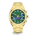 Gold racing-inspired chronograph watch with green dial, bold subdials, and luxury sport design