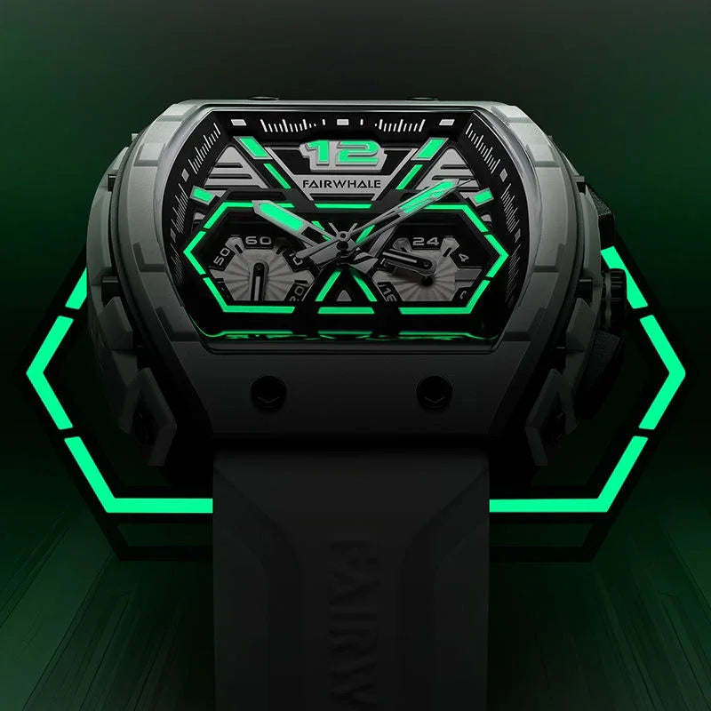 Motorsport-inspired luxury watch with luminous green accents, bold geometric dial, and sporty design