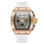 Luxury motorsport-inspired chronograph watch with rose gold case, skeleton dial, and white strap