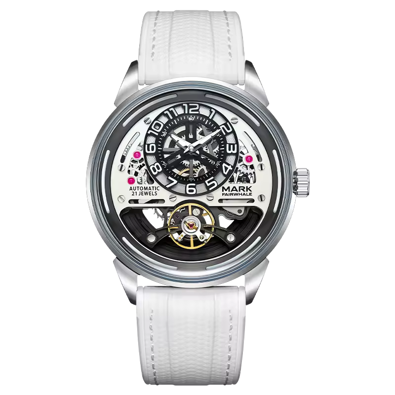 Luxury automatic skeleton watch with white strap, bold numerals, and sport-inspired dial design