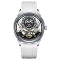 Luxury automatic skeleton watch with white strap, bold numerals, and sport-inspired dial design