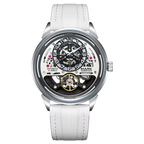 Luxury automatic skeleton watch with white strap, bold numerals, and sport-inspired dial design