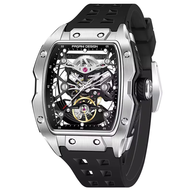 Motorsport-inspired sport-luxury skeleton watch with tonneau case and black rubber strap